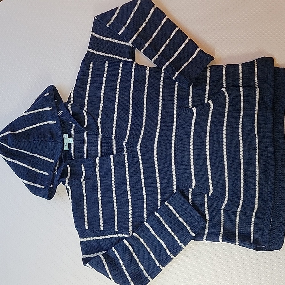 She+Sky Long Sleeve Hooded Navy Blue & White Stripped Sweater W/ Front Pocket S